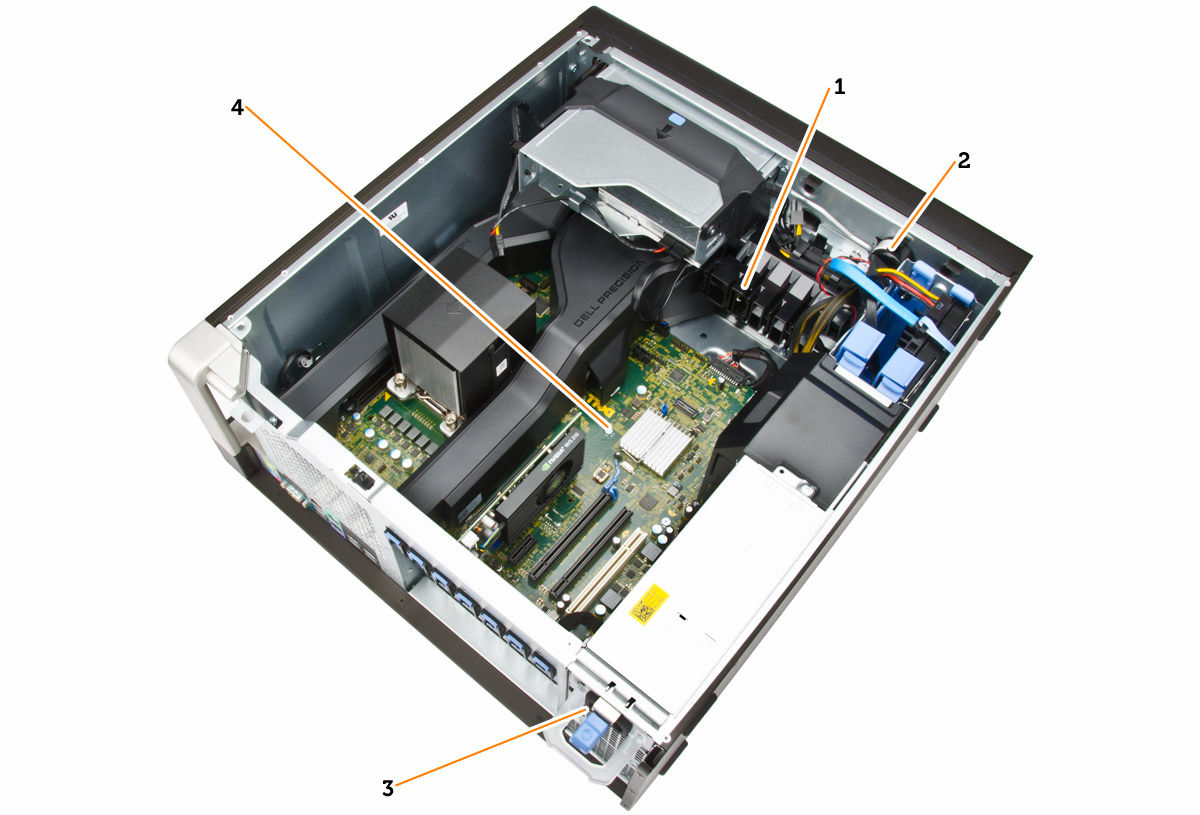 Obrázek 3. Pohled dovnitř počítače T5810 1. zajištění karty PCIe 2. interní reproduktor 3. jednotka zdroje napájení 4.