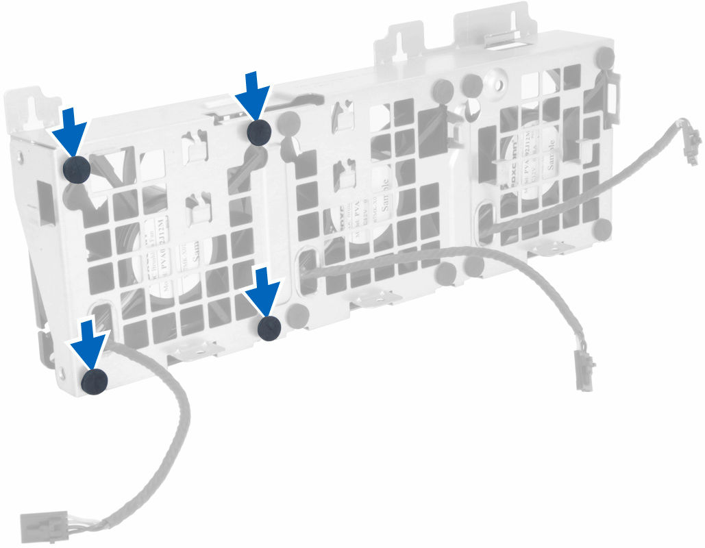 VÝSTRAHA: Použití nadměrné síly může průchodky poškodit. 11. Vyjměte systémové ventilátory ze sestavy systémového ventilátoru. Montáž sestavy systémového ventilátoru 1.