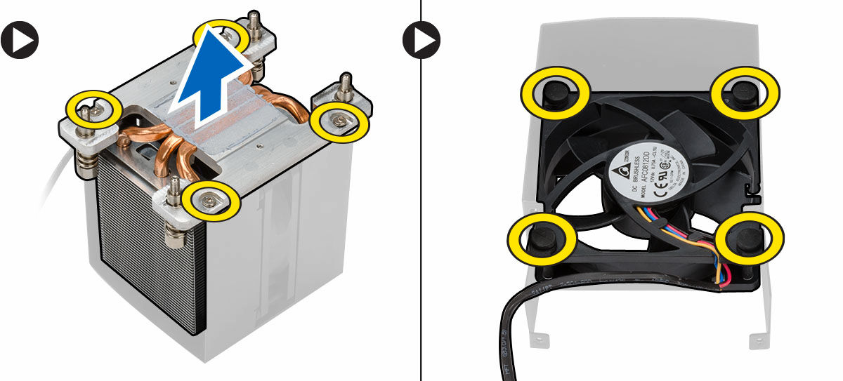 Vložení ventilátoru chladiče 1. Zasuňte ventilátor chladiče do sestavy chladiče. 2. Namontujte šrouby upevňující ventilátor chladiče k sestavě chladiče. 3.