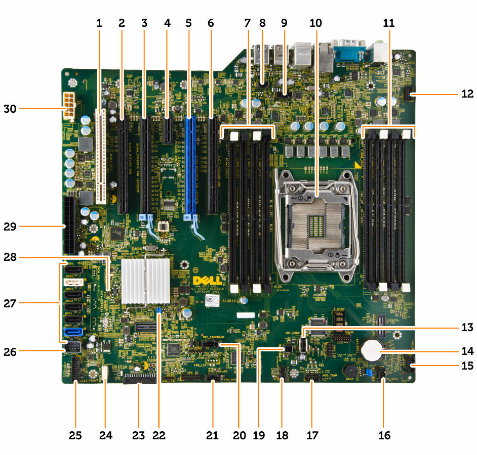 1. slot PCI (slot 6) 2. slot PCIe x16 (rozhraní PCIe 2.0 zapojeno jako x4) (slot 5) 3. slot PCIe 3.0 x16 (slot 4) 4. slot PCIe 2.0 x1 (slot 3) 5. slot PCIe 3.0 x16 (slot 2) 6.