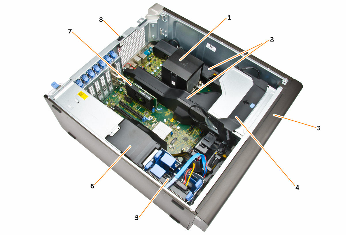 Obrázek 2. Pohled dovnitř počítače T5810 1. chladič s integrovaným ventilátorem 2. kryty paměti 3. čelní kryt 4.