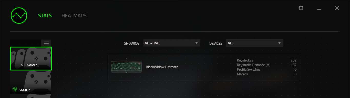 Seznam her V rámci záložky Stats & Heatmaps (Statistiky a zmapování aktivity) lze sledovat způsob využívání všech podporovaných zařízení během hry.