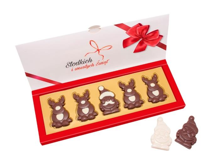 vianočných čokoládových symbolov z bielej a mliečnej čokolády v krabičke s okienkom a vlastnou potlačou Potlač krabice s