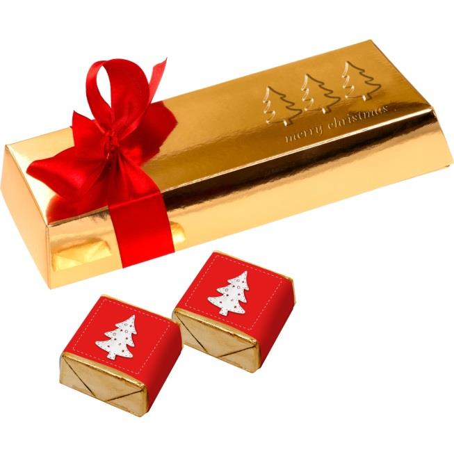 balených do zlatej, alebo striebornej fólie Príchute: kakao, orech, káva, mandle Razba loga na krabičku, ktorá môže byť