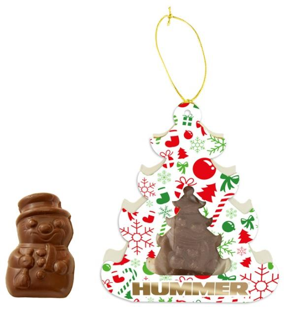 43 Čokoládový snehuliak v stromčeku 26g snehuliak z belgickej čokolády balený v krabici v tvare