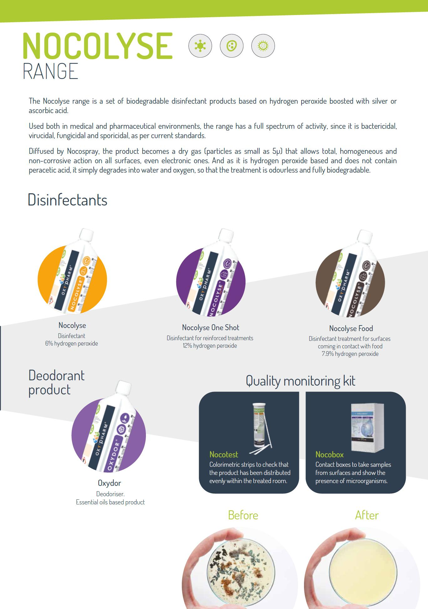 NOCOLYSE ŘADA Řada Nocolyse je sada biologicky odbouratelných dezinfekčních prostředků na bázi peroxidu vodíku s posilujícím účinkem koloidního stříbra nebo kyseliny askorbové.