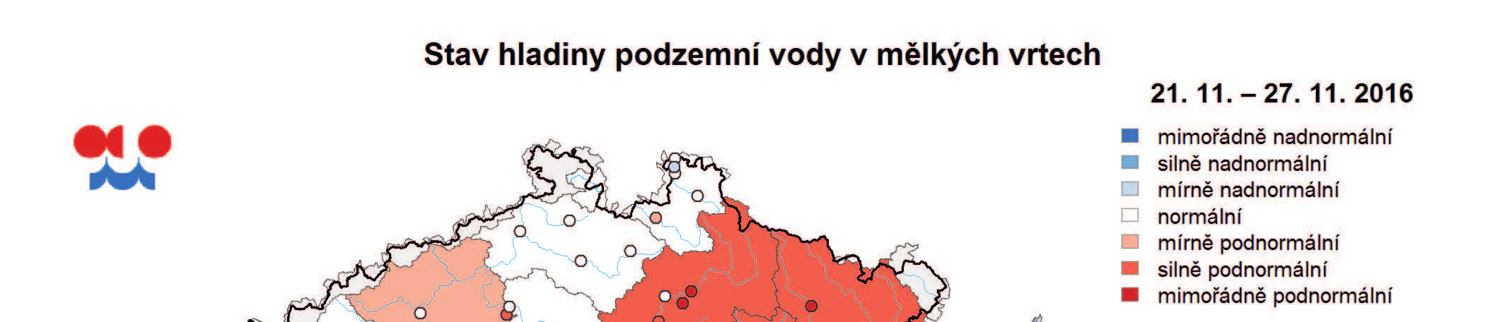 Mapa ukazuje stav podzemní vody ve sledovaných vrtech a oblastech povodí dle pravděpodobnosti překročení úrovně hladin v daném týdnu v referenčním období 1981 2010 (viz text).