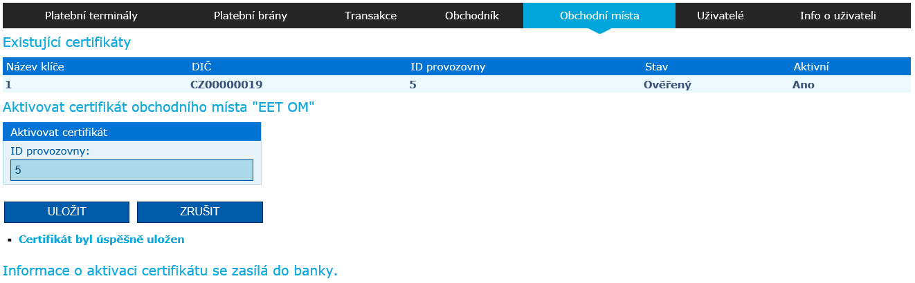 Po úspěšném nahrání certifikátu je potřeba aktivovat jednotlivá obchodní místa pro příjem EET. V aplikace POS Merchant přejdete do záložky Obchodní místa.