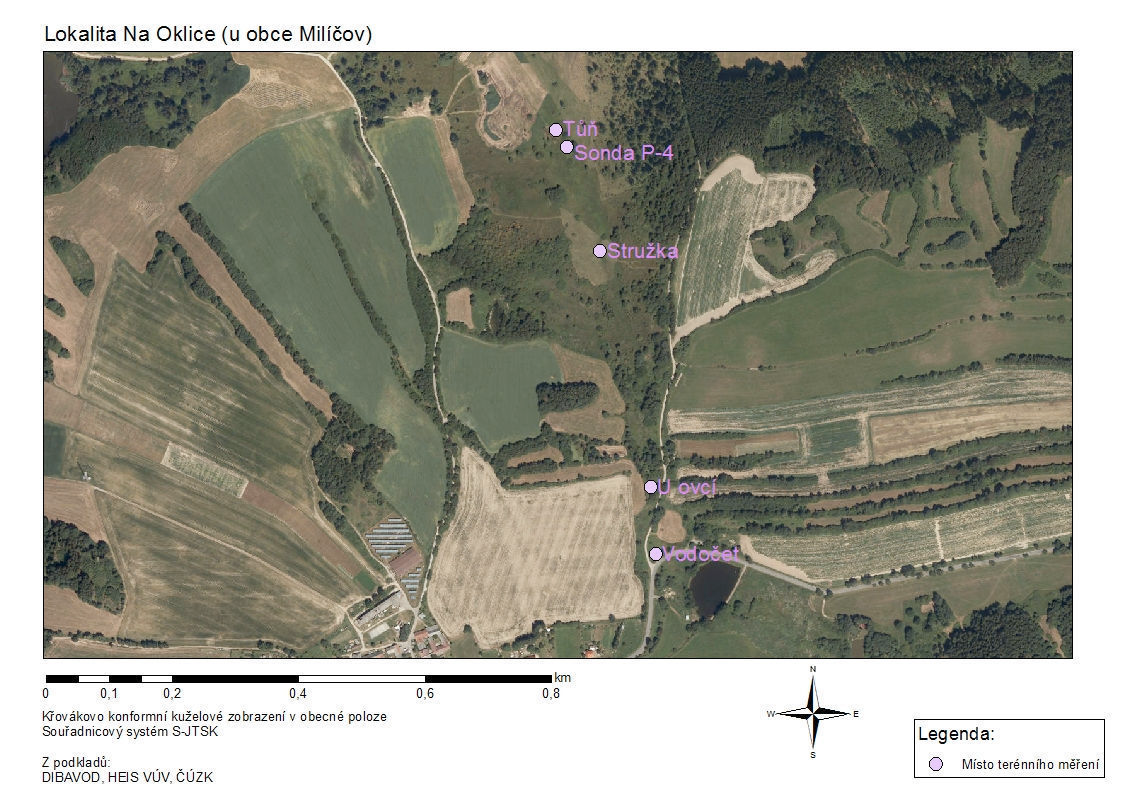 Obrázek 5: Podrobná ortofotomapa zájmové lokality Charakterizace jednotlivých měřených profilů a bodů (viz mapa na obrázku 5) byla následující: Profil Tůň v severnější části lokality je drobná
