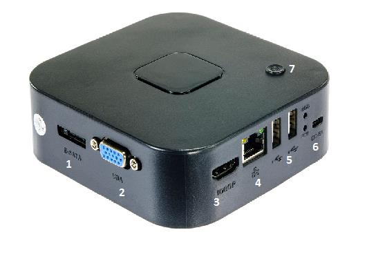 1. Zobrazení přístroje 1.1 Celkový pohled a popis zařízení 1. E-SATA 2. VGA 3. HDMI 4. Ethernet RJ45 5. 2x USB 2.0 6. Napájení a diody (signalizující napájení a činnost HDD) 7. Zapnutí/vypnutí 1.