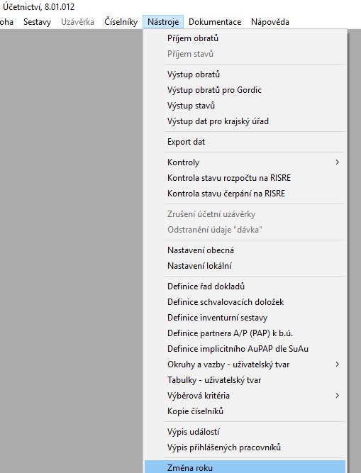 1 Nastavení v úloze Účetnictví pro současné účtování v novém roce Nástroje Změna roku, vybrat rok 2017 Obrázek 1 změna období