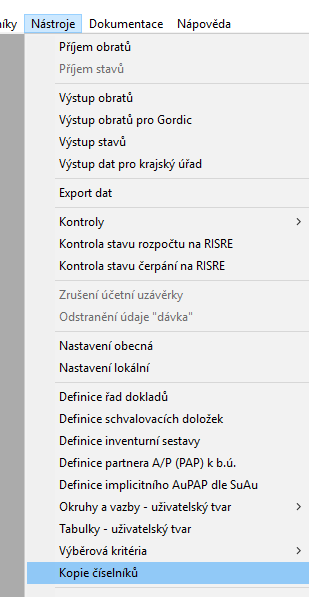 Touto funkcí se přesunou číselníky z aktuálního roku do následujícího. Do této funkce je zahrnuto i kopírování předpisů.