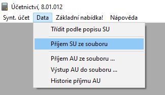 Číselníky Syntetické a analytické účty, z horního menu Data Příjem Su ze souboru.