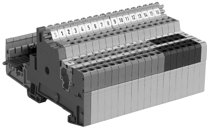 Svorkovnice XSL513 pro XFL521 / 522 / 523 Mechanická ochrana proti upevnění nesprávných modulů Montáž na DIN-lištu Pérové svorky Svorkovnice XSL513 má tři řady svorek: Horní řada: 18 signálových