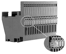 Připojení vstupních/výstupních modulů pomocí posuvného konektoru (sběrnice LON a napájení pro 10 V/V modulů) Parametry sběrnice: přenosová rychlost: 78 kbps délka: závislá na druhu kabelu, až 1200 m,