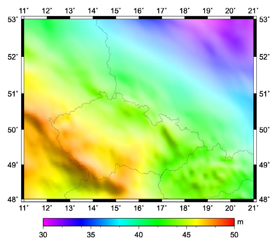 Obr. 1 Kvazigeoid EGM08 GEOMETRICKÝ KVAZIGEOID IGC-GEOM 2011 Poz: Tatočástpopisutechologiebylaaktualizováa v roce 2011 po přechodu a ovou realizaci systému ETRS89 - ETRF200.