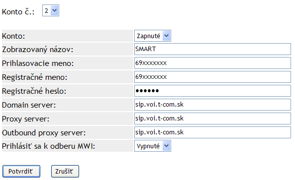 SMART 7. Zadanie prihlasovacích údajov pre službu SMART. Príklad: Položku Konto prepnite na Zapnuté. Názov služby SMART môžete prepísať na iný názov.