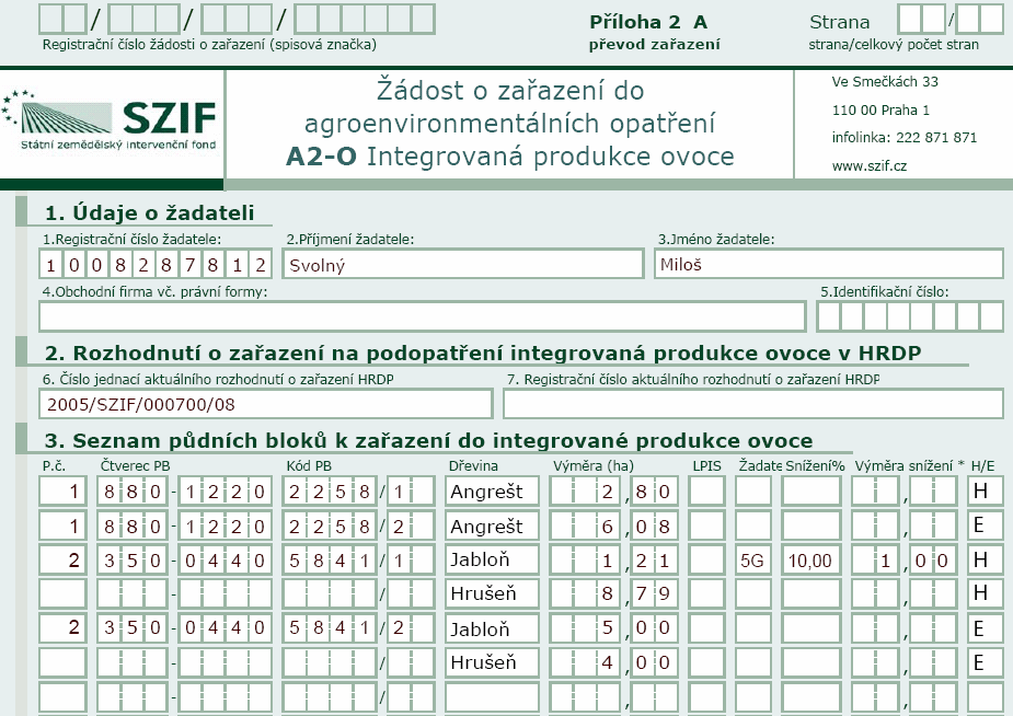 e) Výměra dřeviny (ha). V tomto sloupci zapíše u půdních bloků z HRDP (H) výměru dřeviny, na kterou byl zařazen. U půdních bloků v řádku E zapíše výměru, kterou chce pro pěstovanou dřevinu zařadit.