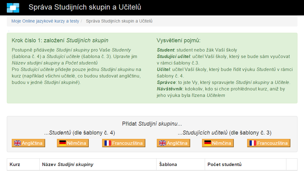 Na této stránce postupně přidávejte Studijní skupiny pro vaše Studenty (šablona č. 4) a Studující učitele (šablona č. 3).