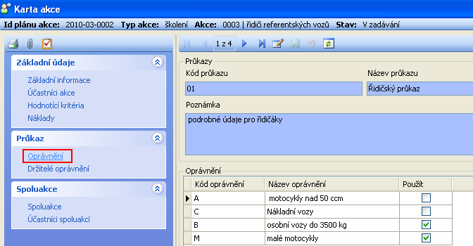 součást průkaz, zobrazí se v obrazovce Oprávnění údaje na následném