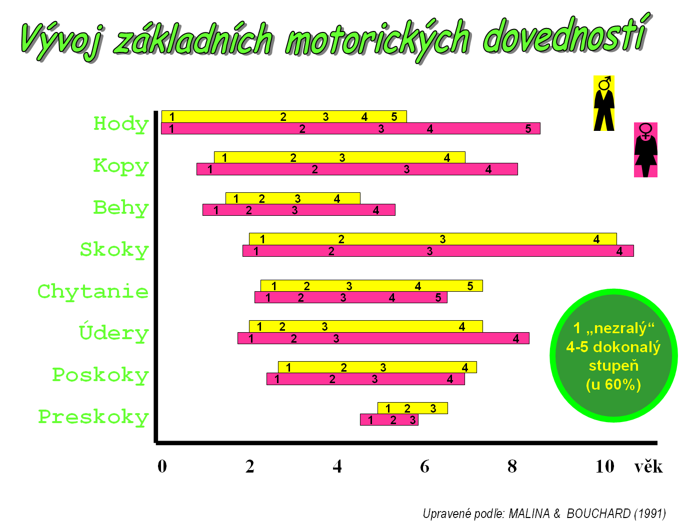 Graf 5 Vývoj základních motorických dovedností (Duvač, 2009) Kromě období senzitivního je pro motorický vývoj důleţité i dosaţení maximální úrovně konkrétní schopnosti.