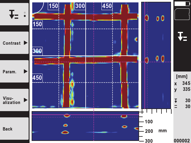 10. Pomocí funkčního tlačítka "Contrast", "Param." a "Visualisation" můžete změnit parametry vizualizace a výpočtu. Pokud změníte "Parameter", je nutné provést nový výpočet dat.