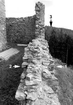J. Anderle - Hrad ka perk Obr. 22: Kašperk, horní hrad, jižní hradba. 1 cimbuří z 1. stavební fáze, 2 pozdně gotické zvýšení, 3 poloha tzv. Pustého hrádku. zdi.