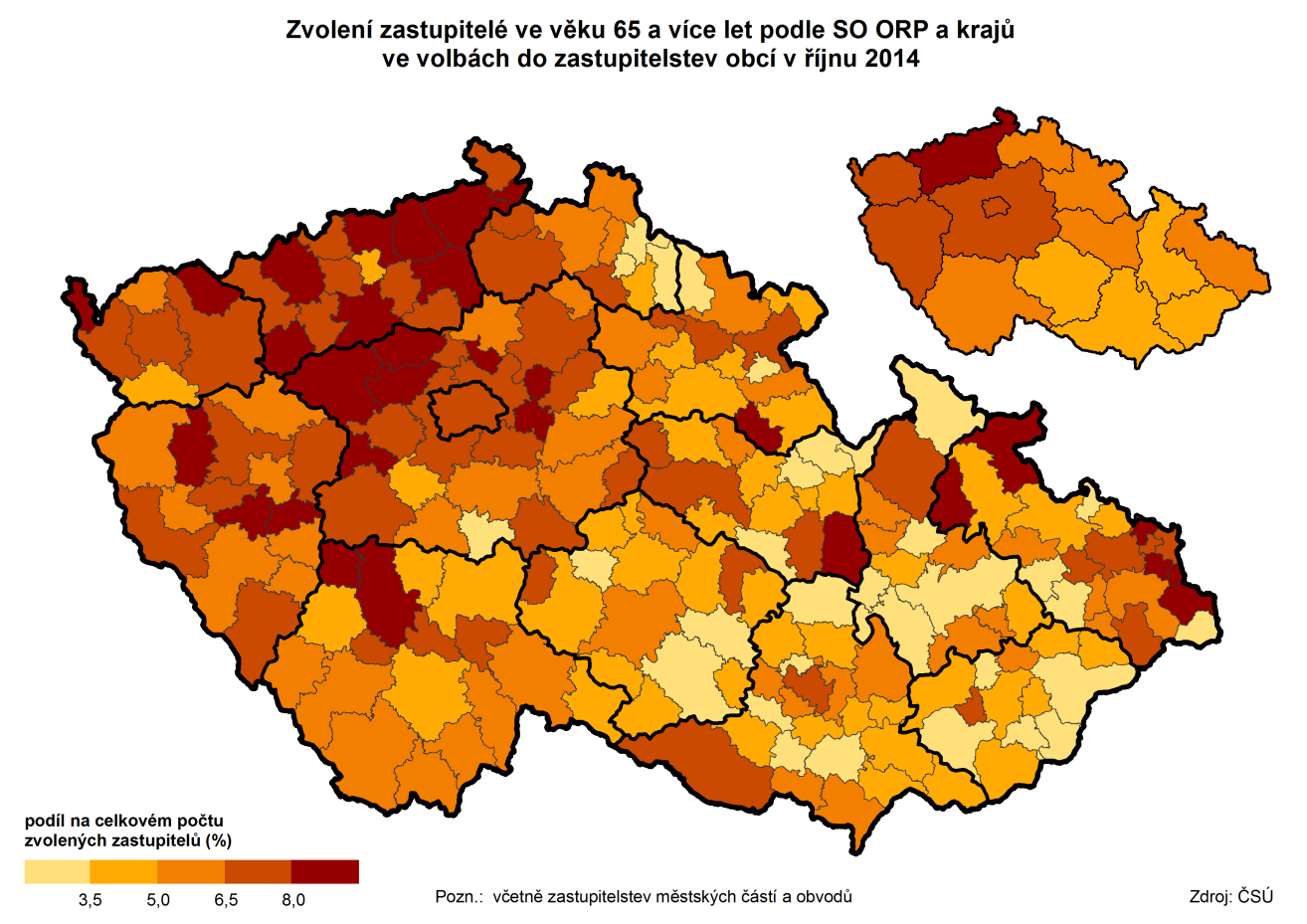Napříč všemi 206 SO ORP v ČR nacházíme nejvyšší zastoupení pětašedesátiých a starších zastupitelů především v