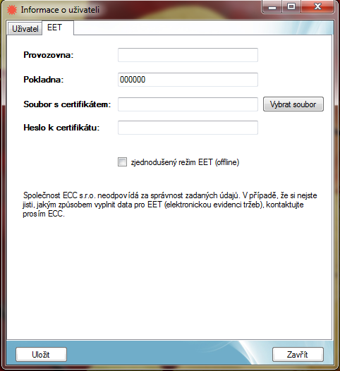 Přihlášení ECCManageru pro EET Provozovna: zadejte označení provozovny shodné s označením na Daňovém portálu Pokladna = registrační číslo člena ECC Soubor s