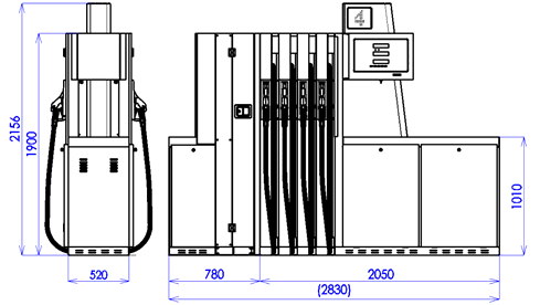 hadicemi pro výdej PHM navinutými ve stojanu s pomocí navijáků a jednou nebo dvěma výdejními hadicemi pro výdej AdBlue navinutými s pomocí navijáků v přídavném vytápěném modulu.