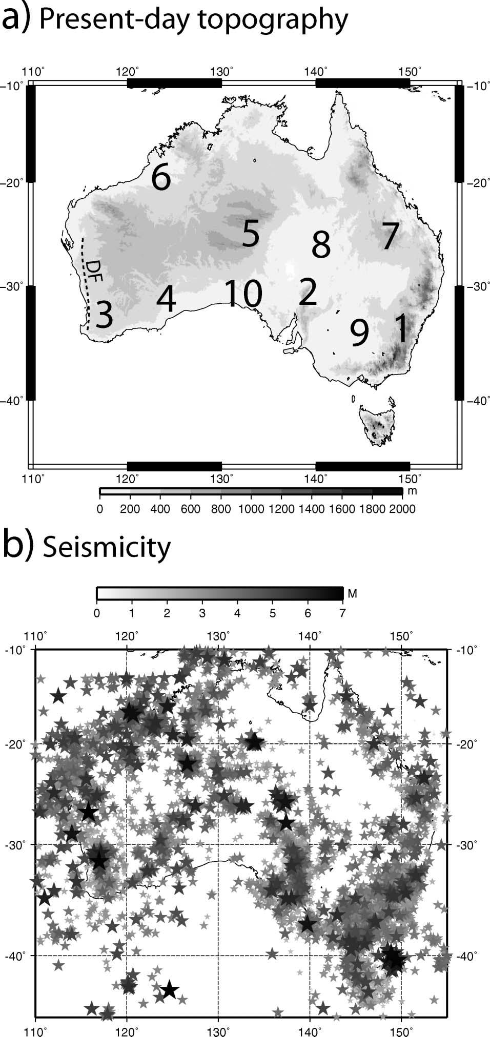 Obr. Geo_12. Výskyt zemětřesení v Austrálii od r. 1950 do r. 2005. Čím bylo zemětřesení silnější, tím je hvězdička tmavší a větší. Škála nahoře ukazuje magnituda zemětřesení v Richterově stupnici.