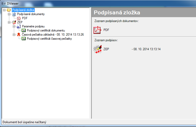 Obr. 13 - Zobrazenie súboru v aplikácii DViewer Časť Podpísaná zložka obsahuje informácie o súbore, parametroch kvalifikovaného elektronického podpisu, podpisového certifikátu