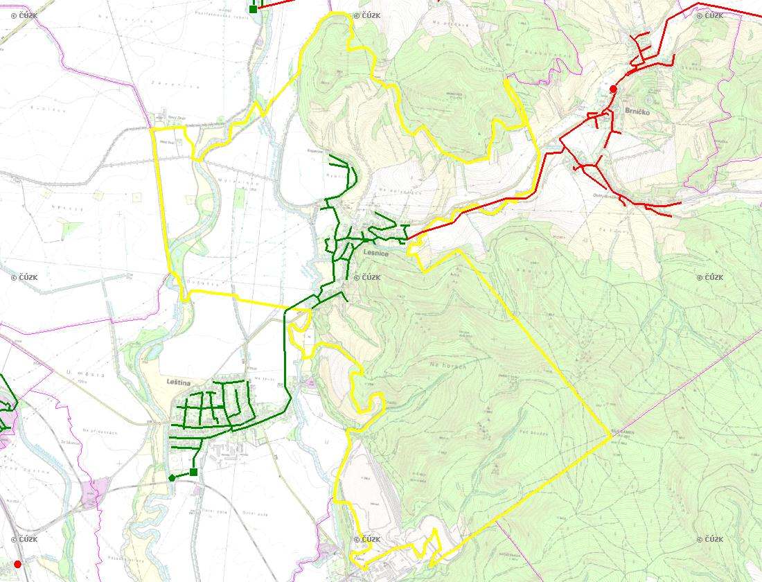 E. KANALIZACE A ČOV Mapa E1: Kanalizace - rozvody v obci Trasování sítí, lokalizace ČOV, čerpací stanice (ČS), výústě Obec: Lesnice Legenda: Kanalizace: Ochranné pásmo: Vyústění: do 2015 po 2015 I IA