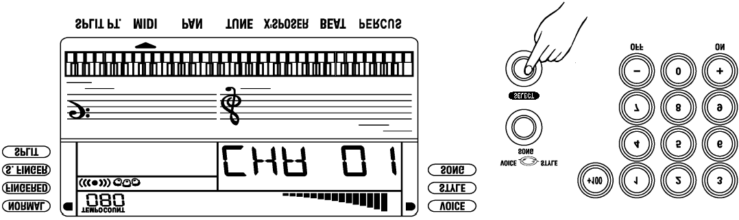 Volba kanálu MIDI tlačítko SELECT + volba MIDI Tiskněte opakovaně tlačítko SELECT tak dlouho, dokud se v dolní časti displeje neobjeví u volby MIDI příslušné označení ve tvaru šipky