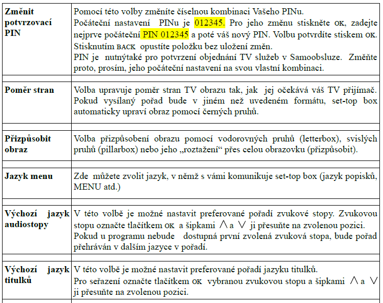 Zde můžete měnit jazykové a obrazové nastavení set-top-boxu, nastavit vlastní PIN, určit dobu automatického