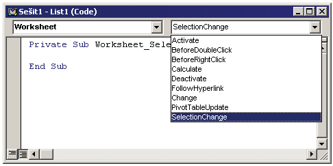 Obrázek 1.2 V pravém rozevíracím seznamu okna kódu vidíte události, které m žete zachytávat na úrovni listu i sešitu.