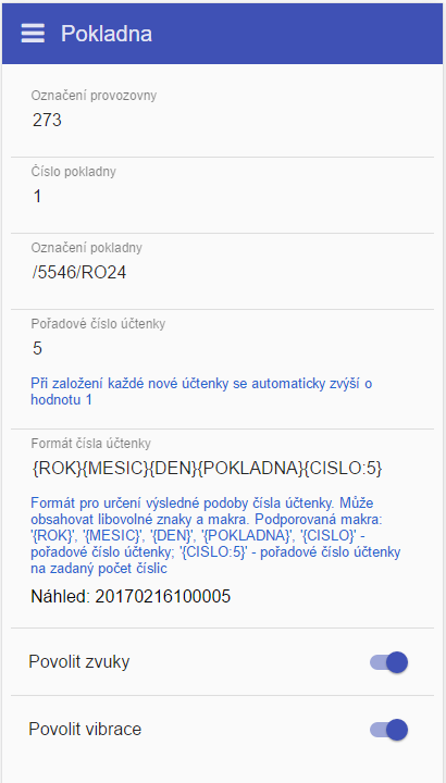 Pokladna Slouží k nastavení Vaší pokladny. Označení provozovny (tuto informaci dostanete z finanční zprávy), číslo pokladny, označení pokladny.