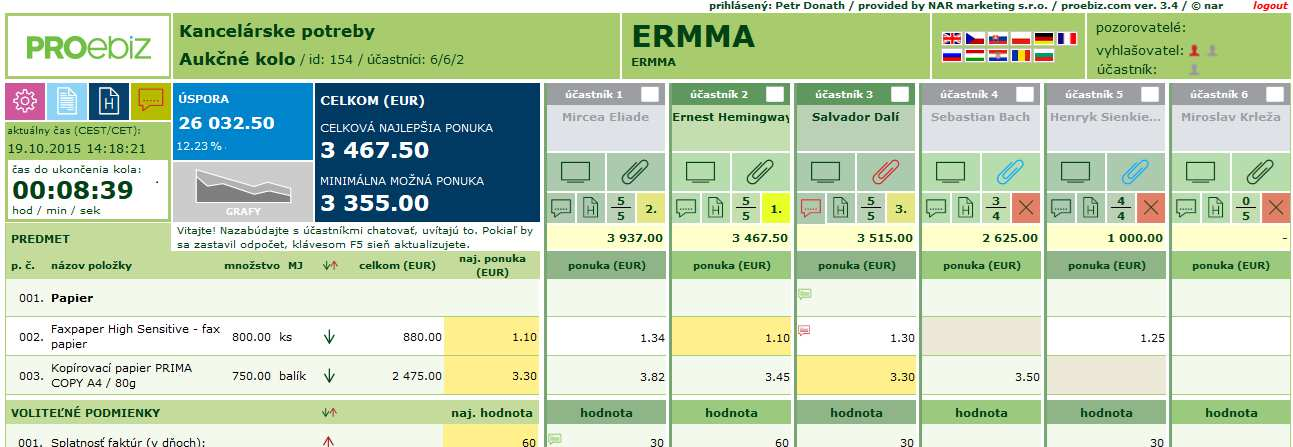 eaukčná SIEŇ ADMINISTRÁTORA (POZOROVATEĽA) Takto vyzerá eaukčná sieň z pohľadu administrátora. Následne budú popísané jej jednotlivé časti. HORNÉ MENU 1 2 9 3 4 6 8 1.