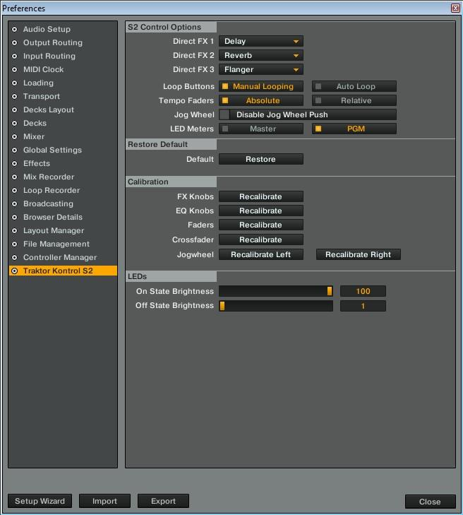 Nastavení TRAKTOR KONTROL S2 Nastavení a preference ovládacích prvků S2 Detailní popis všech nastavení v okně Preferences najdete v příručce aplikací TRAKTOR 2 Application Reference.