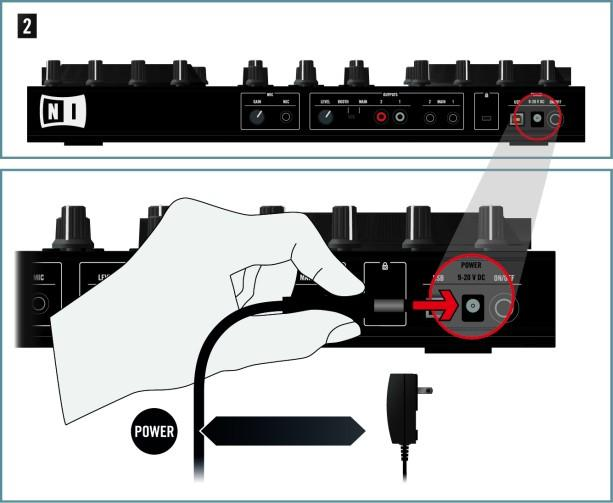 Appendix A Běžná nastavení Základní nastavení TRAKTOR KONTROL S2 Připojte konektor napájecího kabelu do konektoru napájení (označeného POWER) na zadním decku S2.