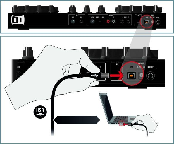 Appendix A Běžná nastavení Základní nastavení TRAKTOR KONTROL S2 Připojte S2 k vašemu počítače přes USB Připojte jeden konec přiloženého USB 2.