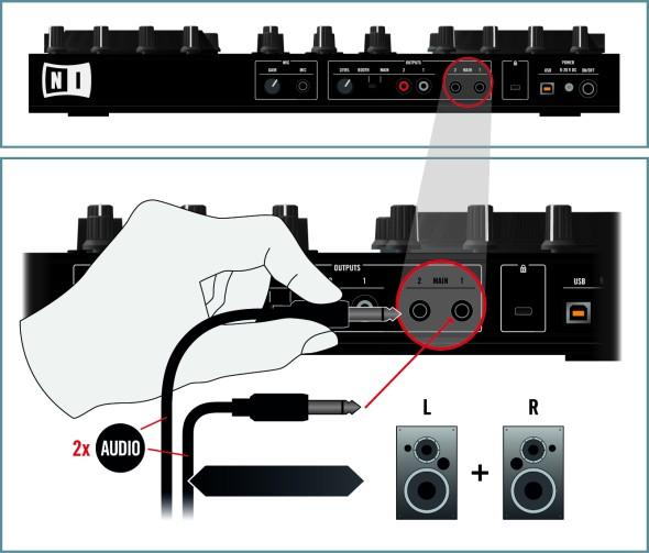 Appendix A Běžná nastavení Základní nastavení TRAKTOR KONTROL S2 Připojte hlavní výstupy k vaší zesilovací aparatuře Na zadním panelu S2 připojte 1/4" konektory (symetrické)