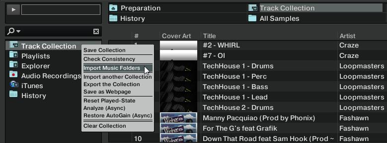 stromě a volbou Import Music Folders v nabídce. Související nabídka u Track Collection, se zvolenou položkou Import Music Folders.