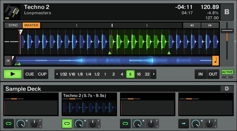 Návody Využití samplů v mixu Vyexportovali jsme aktivní smyčku z decku B do druhého sample slotu decku D. Nyní hraje tiše smyčka v Sample decku D.