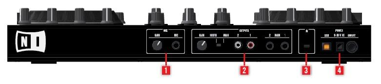 Přehled HW Zadní panel Na straně hardware, TRAKTOR KONTROL S2 dále nabízí dvě FX jednotky (označené FX1 a FX2 u kontroleru), které umožňují ovládat odpovídající FX jednotky v software.
