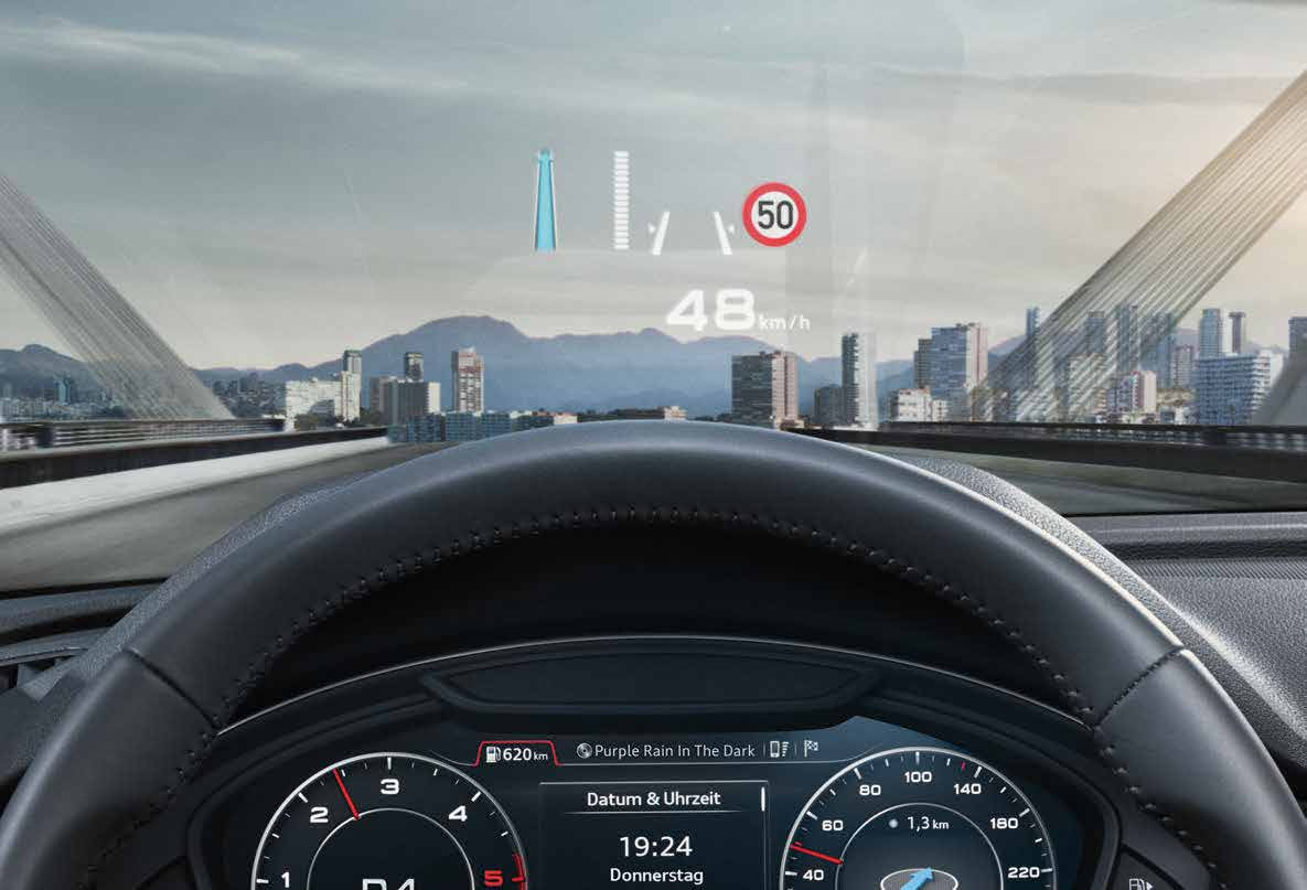 Od rychlosti přes navigaci až po komunikaci vyberete si z řady možností zobrazení a budoucnost máte před očima. Head-up displej Audi (dodávaný na přání) zobrazuje relevantní informace o jízdě např.
