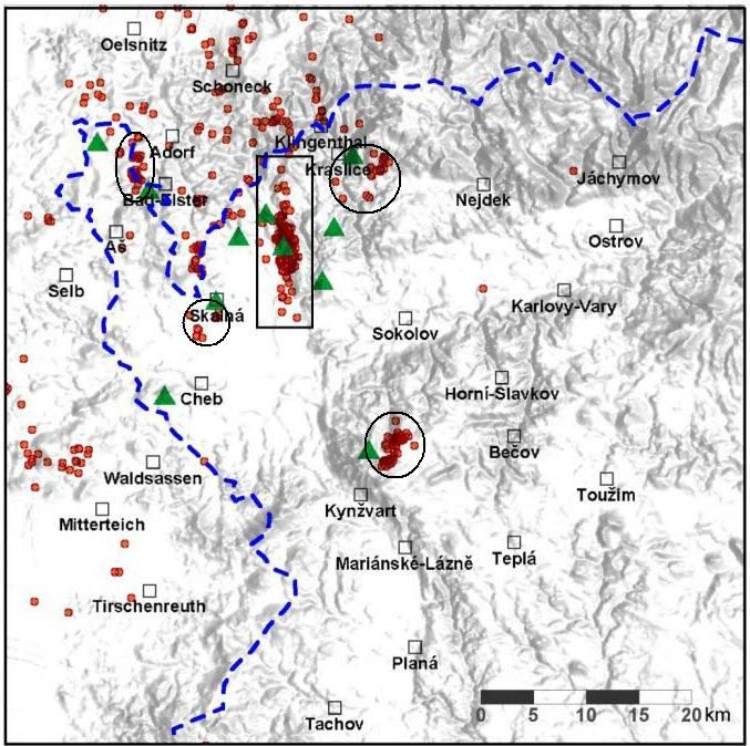 21 Obr. 5 Mapa reliéfu zemětřesné oblasti západní Čechy/Vogtland s epicentry zemětřesení za období 1991 2000 Zdroj: HORÁLEK J., FISCHER T., MRLINA J., BOUŠKOVá A.