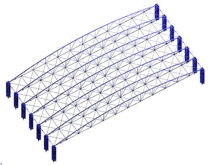 Hangár Mošnov 145x80m Spodní zavětrování táhla M48 Předpjatá vlastní váhou konstrukce Horní pas trubka 610x18 S355 Spodní pas,