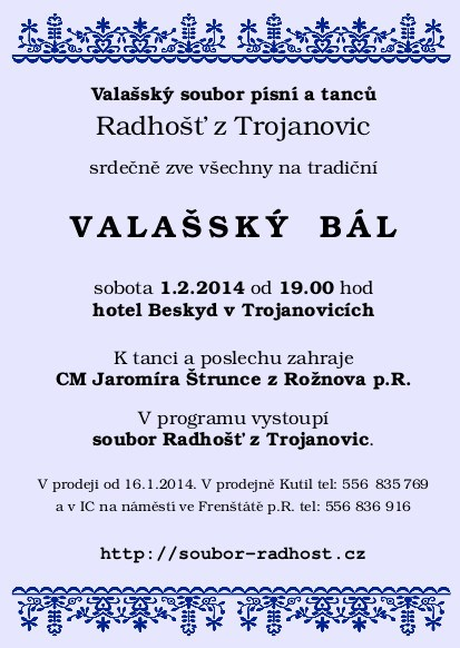 B U L L E T I N S T R Á N K A 10 Pozvánka do Veřovic Hasičský ples 8.2. od 19:00 KD Veřovice Maškarní ples 22.2. od 19:00 KD Veřovice Pozvánka do Lichnova Fotbalový ples 14.2. Lichnov Pozvánka do Kunčic p.