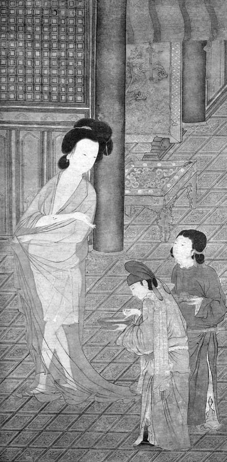 213 Čou Fang, Jang Kuej-fej vystupuje z lázně, kolem roku 800, akvarel na hedvábí, 155x120 cm, uloženo: Státní muzeum umění národů Východu, Moskva, Rusko.